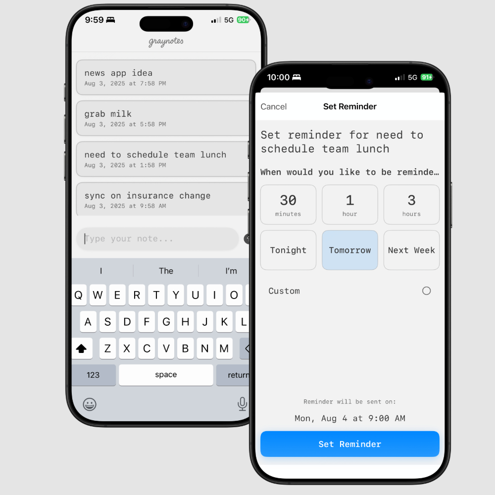 graynotes app interface showing notes and reminders